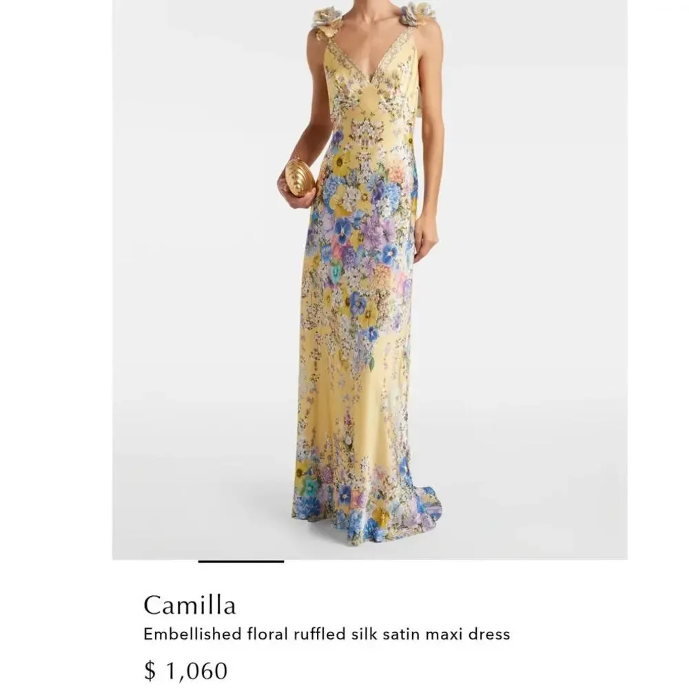 Camilla Embellished floral ruffled silk satin maxi dress NWT
